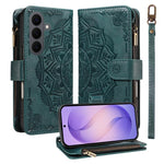 Custodia per telefono in ecopelle vegana con cerniera, protezione RFID e cordino corto, con motivo mandala in rilievo, 9 scomparti per carte e scomparto RFID., For Galaxy S26 FE 5G, For Galaxy S26+ 5G, For Galaxy S26 Edge 5G, For Galaxy S26 Ultra 5G