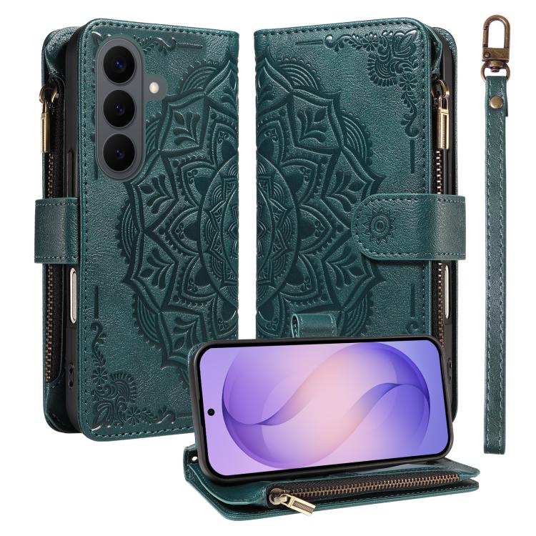 Custodia per telefono in ecopelle vegana con cerniera, protezione RFID e cordino corto, con motivo mandala in rilievo, 9 scomparti per carte e scomparto RFID., For Galaxy S26 FE 5G, For Galaxy S26+ 5G, For Galaxy S26 Edge 5G, For Galaxy S26 Ultra 5G