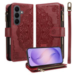 Custodia per telefono in ecopelle vegana con cerniera, protezione RFID e cordino corto, con motivo mandala in rilievo, 9 scomparti per carte e scomparto RFID., For Galaxy S26 FE 5G, For Galaxy S26+ 5G, For Galaxy S26 Edge 5G, For Galaxy S26 Ultra 5G