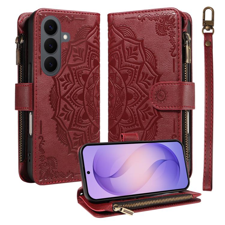 Custodia per telefono in ecopelle vegana con cerniera, protezione RFID e cordino corto, con motivo mandala in rilievo, 9 scomparti per carte e scomparto RFID., For Galaxy S26 FE 5G, For Galaxy S26+ 5G, For Galaxy S26 Edge 5G, For Galaxy S26 Ultra 5G