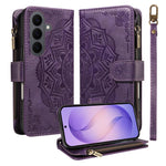 Custodia per telefono in ecopelle vegana con cerniera, protezione RFID e cordino corto, con motivo mandala in rilievo, 9 scomparti per carte e scomparto RFID., For Galaxy S26 FE 5G, For Galaxy S26+ 5G, For Galaxy S26 Edge 5G, For Galaxy S26 Ultra 5G