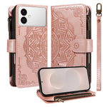 Custodia per telefono in ecopelle vegana con cerniera, protezione RFID e cordino corto, con motivo mandala in rilievo, 9 scomparti per carte e scomparto RFID., For Galaxy S26 FE 5G, For Galaxy S26+ 5G, For Galaxy S26 Edge 5G, For Galaxy S26 Ultra 5G