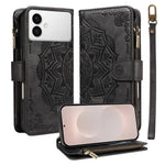 Custodia per telefono in ecopelle vegana con cerniera, protezione RFID e cordino corto, con motivo mandala in rilievo, 9 scomparti per carte e scomparto RFID., For Galaxy S26 FE 5G, For Galaxy S26+ 5G, For Galaxy S26 Edge 5G, For Galaxy S26 Ultra 5G