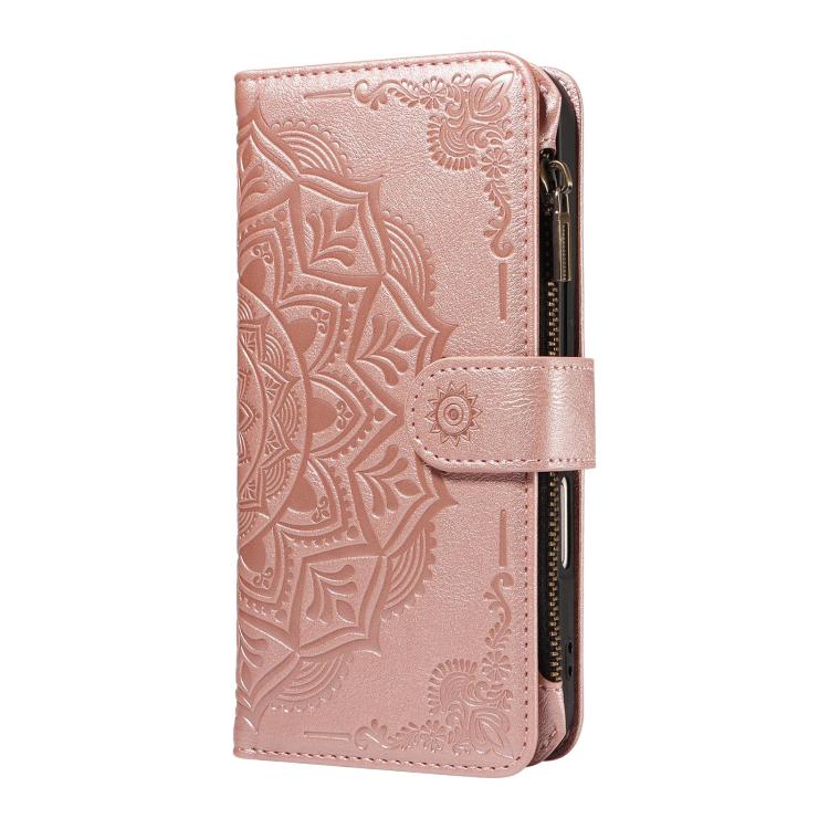 Custodia per telefono in ecopelle vegana con cerniera, protezione RFID e cordino corto, con motivo mandala in rilievo, 9 scomparti per carte e scomparto RFID., For Galaxy S26 FE 5G, For Galaxy S26+ 5G, For Galaxy S26 Edge 5G, For Galaxy S26 Ultra 5G