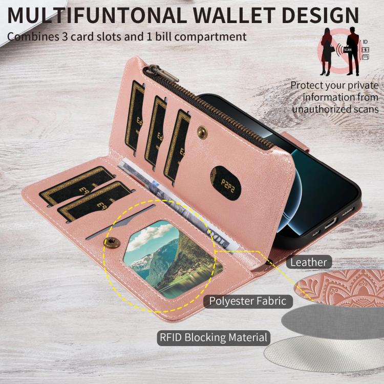 Custodia per telefono in ecopelle vegana con cerniera, protezione RFID e cordino corto, con motivo mandala in rilievo, 9 scomparti per carte e scomparto RFID., For Galaxy S26 FE 5G, For Galaxy S26+ 5G, For Galaxy S26 Edge 5G, For Galaxy S26 Ultra 5G