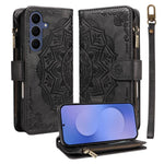 Custodia per telefono in ecopelle vegana con cerniera, protezione RFID e cordino corto, con motivo mandala in rilievo, 9 scomparti per carte e scomparto RFID., For Galaxy S26 FE 5G, For Galaxy S26+ 5G, For Galaxy S26 Edge 5G, For Galaxy S26 Ultra 5G