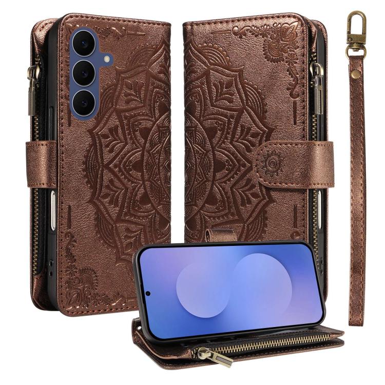 Custodia per telefono in ecopelle vegana con cerniera, protezione RFID e cordino corto, con motivo mandala in rilievo, 9 scomparti per carte e scomparto RFID., For Galaxy S26 FE 5G, For Galaxy S26+ 5G, For Galaxy S26 Edge 5G, For Galaxy S26 Ultra 5G