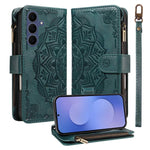 Custodia per telefono in ecopelle vegana con cerniera, protezione RFID e cordino corto, con motivo mandala in rilievo, 9 scomparti per carte e scomparto RFID., For Galaxy S26 FE 5G, For Galaxy S26+ 5G, For Galaxy S26 Edge 5G, For Galaxy S26 Ultra 5G
