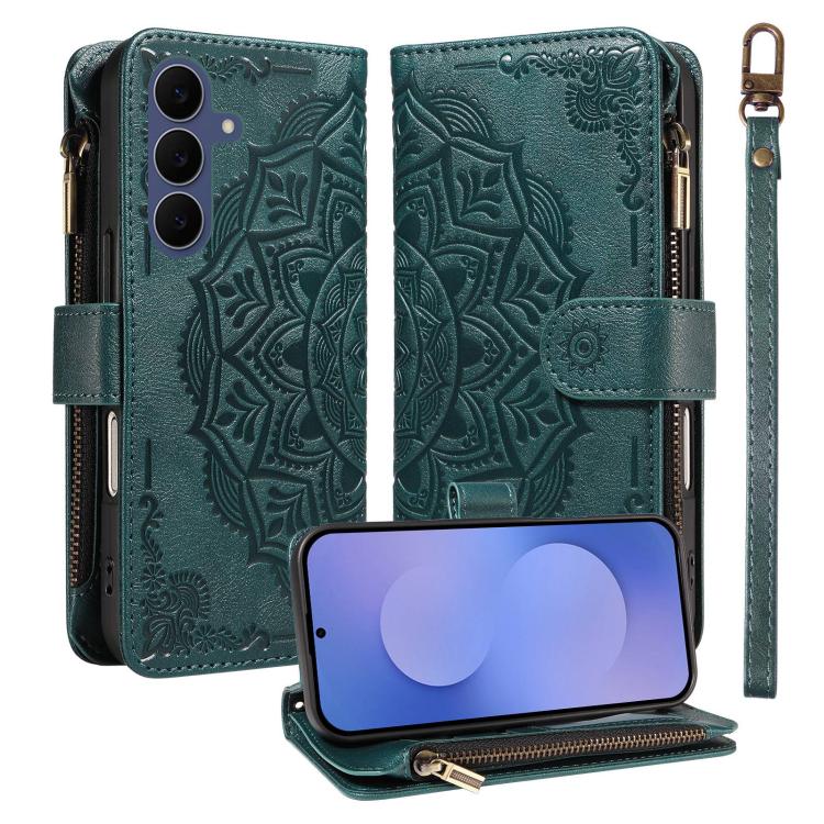 Custodia per telefono in ecopelle vegana con cerniera, protezione RFID e cordino corto, con motivo mandala in rilievo, 9 scomparti per carte e scomparto RFID., For Galaxy S26 FE 5G, For Galaxy S26+ 5G, For Galaxy S26 Edge 5G, For Galaxy S26 Ultra 5G