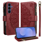 Custodia per telefono in ecopelle vegana con cerniera, protezione RFID e cordino corto, con motivo mandala in rilievo, 9 scomparti per carte e scomparto RFID., For Galaxy S26 FE 5G, For Galaxy S26+ 5G, For Galaxy S26 Edge 5G, For Galaxy S26 Ultra 5G