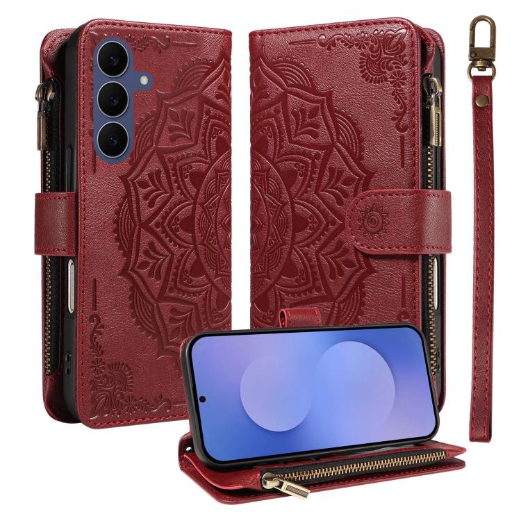 Custodia per telefono in ecopelle vegana con cerniera, protezione RFID e cordino corto, con motivo mandala in rilievo, 9 scomparti per carte e scomparto RFID., For Galaxy S26 FE 5G, For Galaxy S26+ 5G, For Galaxy S26 Edge 5G, For Galaxy S26 Ultra 5G