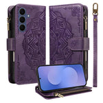Custodia per telefono in ecopelle vegana con cerniera, protezione RFID e cordino corto, con motivo mandala in rilievo, 9 scomparti per carte e scomparto RFID., For Galaxy S26 FE 5G, For Galaxy S26+ 5G, For Galaxy S26 Edge 5G, For Galaxy S26 Ultra 5G
