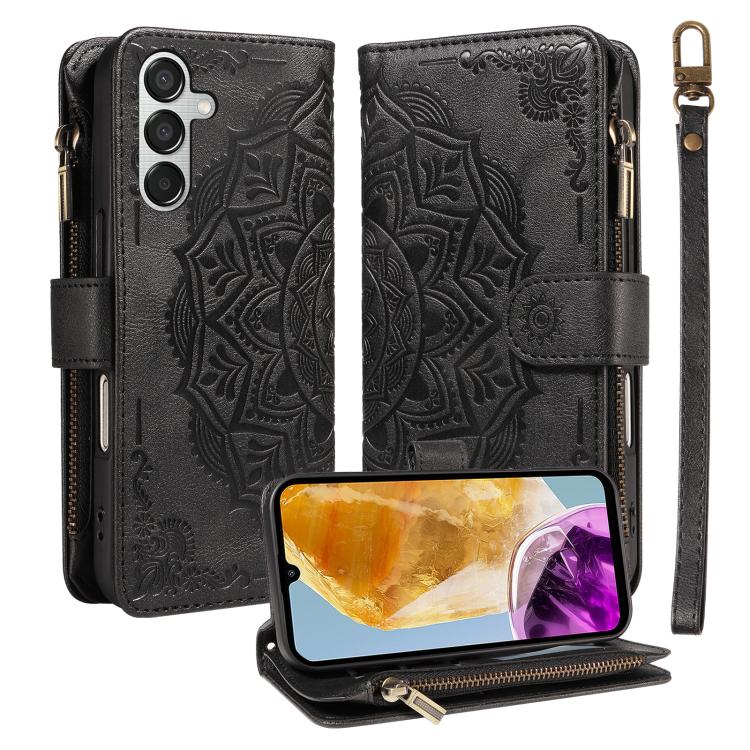 Custodia per telefono in ecopelle vegana con cerniera, protezione RFID e cordino corto, con motivo mandala in rilievo, 9 scomparti per carte e scomparto RFID., For Samsung Galaxy M56 5G / A56 5G, For Samsung Galaxy M35 5G, For Samsung Galaxy M55 5G    ...