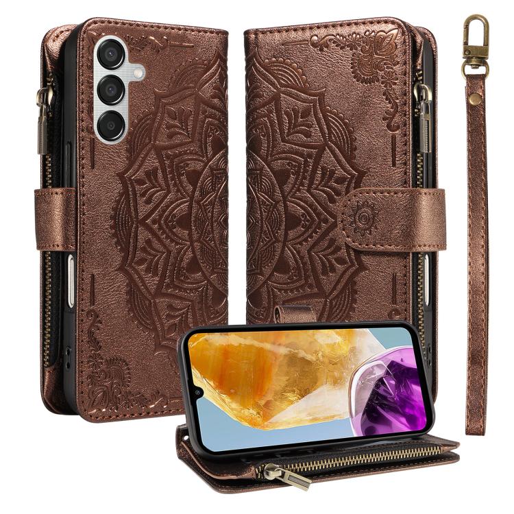 Custodia per telefono in ecopelle vegana con cerniera, protezione RFID e cordino corto, con motivo mandala in rilievo, 9 scomparti per carte e scomparto RFID., For Samsung Galaxy M56 5G / A56 5G, For Samsung Galaxy M35 5G, For Samsung Galaxy M55 5G    ...