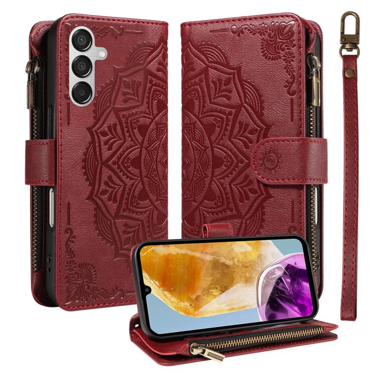 Custodia per telefono in ecopelle vegana con cerniera, protezione RFID e cordino corto, con motivo mandala in rilievo, 9 scomparti per carte e scomparto RFID., For Samsung Galaxy M56 5G / A56 5G, For Samsung Galaxy M35 5G, For Samsung Galaxy M55 5G    ...