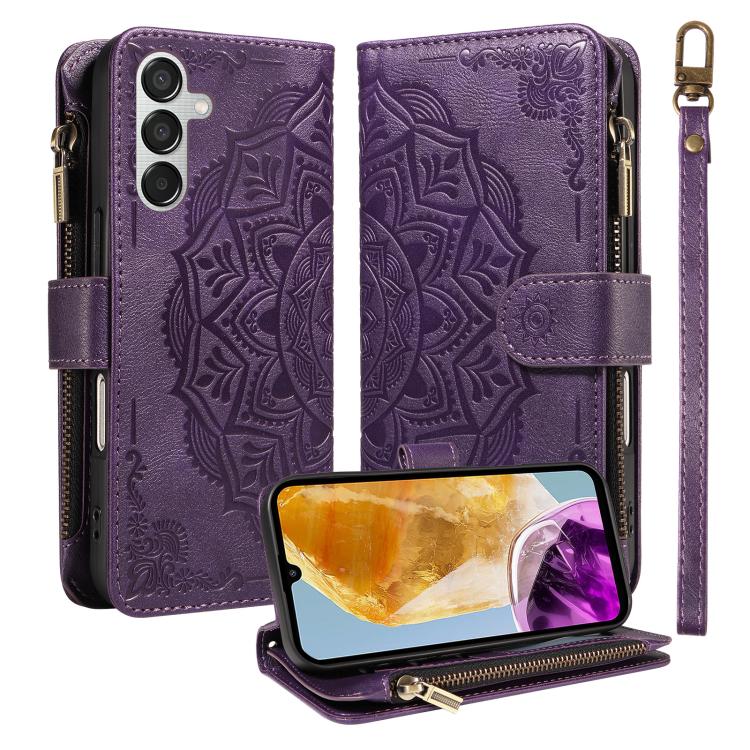 Custodia per telefono in ecopelle vegana con cerniera, protezione RFID e cordino corto, con motivo mandala in rilievo, 9 scomparti per carte e scomparto RFID., For Samsung Galaxy M56 5G / A56 5G, For Samsung Galaxy M35 5G, For Samsung Galaxy M55 5G    ...