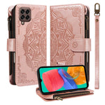 Custodia per telefono in ecopelle vegana con cerniera, protezione RFID e cordino corto, con motivo mandala in rilievo, 9 scomparti per carte e scomparto RFID., For Samsung Galaxy M53 5G, For Samsung Galaxy M33 5G Global, For Samsung Galaxy M52 5G