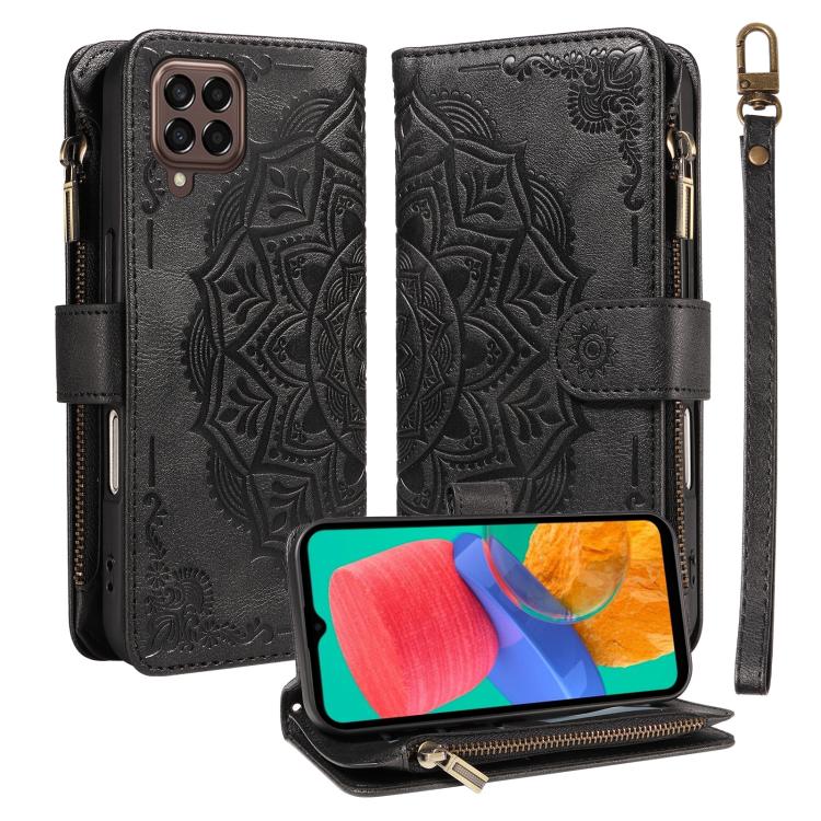 Custodia per telefono in ecopelle vegana con cerniera, protezione RFID e cordino corto, con motivo mandala in rilievo, 9 scomparti per carte e scomparto RFID., For Samsung Galaxy M53 5G, For Samsung Galaxy M33 5G Global, For Samsung Galaxy M52 5G