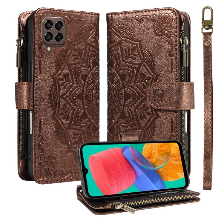 Custodia per telefono in ecopelle vegana con cerniera, protezione RFID e cordino corto, con motivo mandala in rilievo, 9 scomparti per carte e scomparto RFID., For Samsung Galaxy M53 5G, For Samsung Galaxy M33 5G Global, For Samsung Galaxy M52 5G