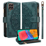 Custodia per telefono in ecopelle vegana con cerniera, protezione RFID e cordino corto, con motivo mandala in rilievo, 9 scomparti per carte e scomparto RFID., For Samsung Galaxy M53 5G, For Samsung Galaxy M33 5G Global, For Samsung Galaxy M52 5G