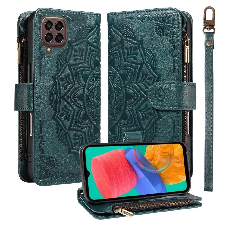 Custodia per telefono in ecopelle vegana con cerniera, protezione RFID e cordino corto, con motivo mandala in rilievo, 9 scomparti per carte e scomparto RFID., For Samsung Galaxy M53 5G, For Samsung Galaxy M33 5G Global, For Samsung Galaxy M52 5G