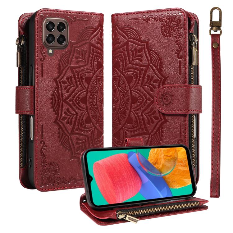 Custodia per telefono in ecopelle vegana con cerniera, protezione RFID e cordino corto, con motivo mandala in rilievo, 9 scomparti per carte e scomparto RFID., For Samsung Galaxy M53 5G, For Samsung Galaxy M33 5G Global, For Samsung Galaxy M52 5G