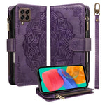 Custodia per telefono in ecopelle vegana con cerniera, protezione RFID e cordino corto, con motivo mandala in rilievo, 9 scomparti per carte e scomparto RFID., For Samsung Galaxy M53 5G, For Samsung Galaxy M33 5G Global, For Samsung Galaxy M52 5G