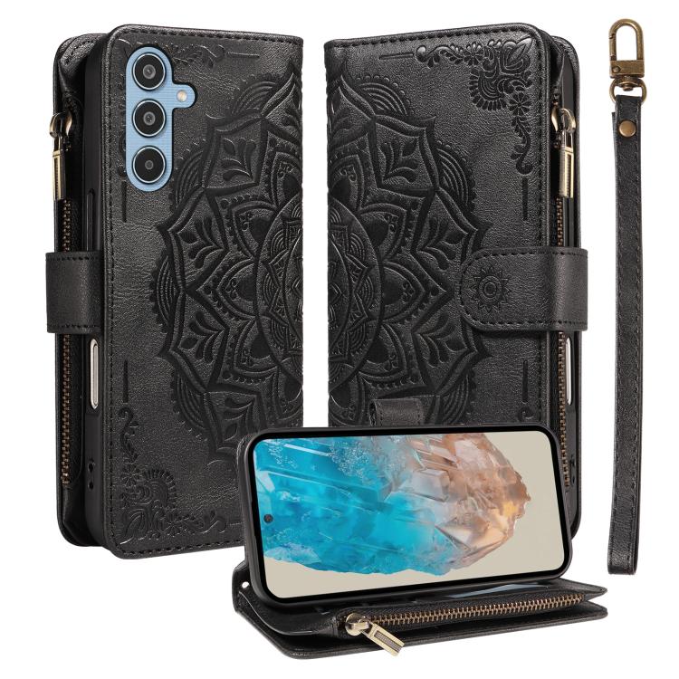 Custodia per telefono in ecopelle vegana con cerniera, protezione RFID e cordino corto, con motivo mandala in rilievo, 9 scomparti per carte e scomparto RFID., For Samsung Galaxy M56 5G / A56 5G, For Samsung Galaxy M35 5G, For Samsung Galaxy M55 5G    ...