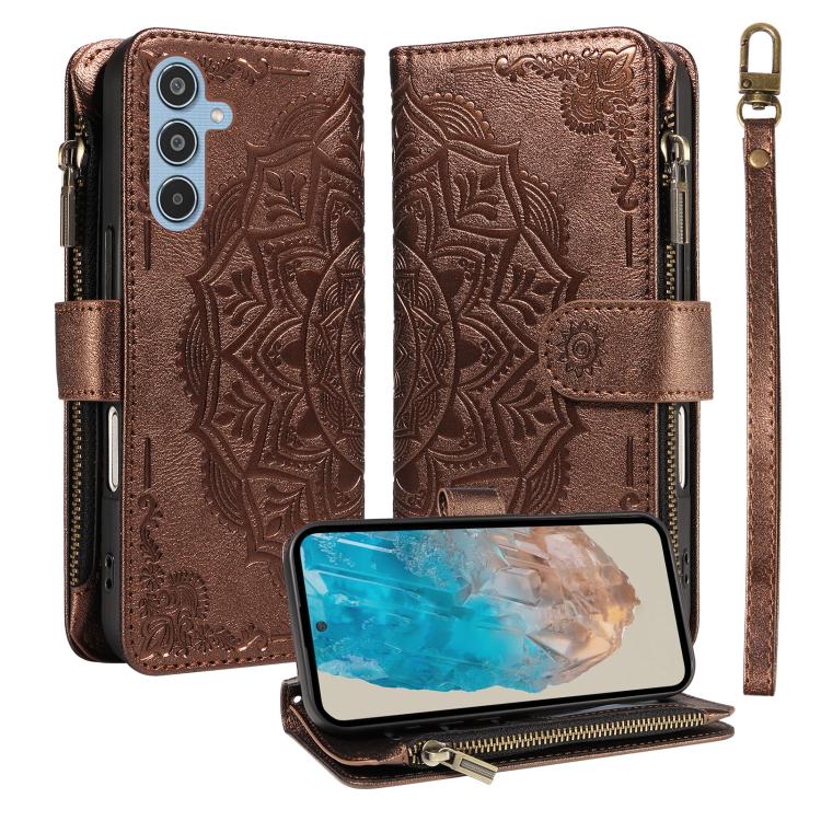 Custodia per telefono in ecopelle vegana con cerniera, protezione RFID e cordino corto, con motivo mandala in rilievo, 9 scomparti per carte e scomparto RFID., For Samsung Galaxy M56 5G / A56 5G, For Samsung Galaxy M35 5G, For Samsung Galaxy M55 5G    ...