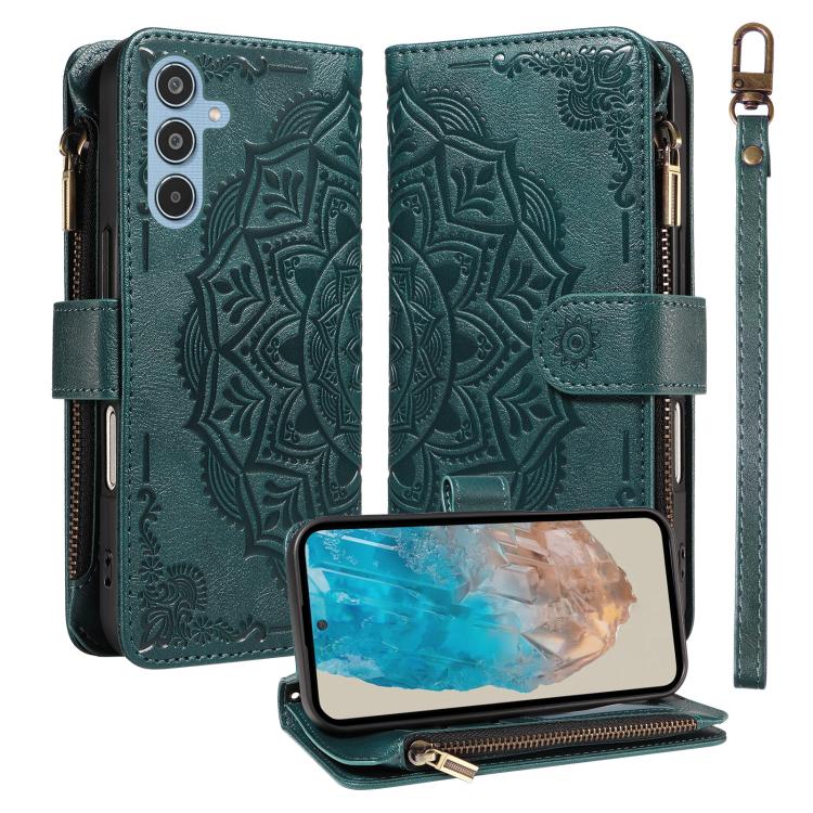 Custodia per telefono in ecopelle vegana con cerniera, protezione RFID e cordino corto, con motivo mandala in rilievo, 9 scomparti per carte e scomparto RFID., For Samsung Galaxy M56 5G / A56 5G, For Samsung Galaxy M35 5G, For Samsung Galaxy M55 5G    ...