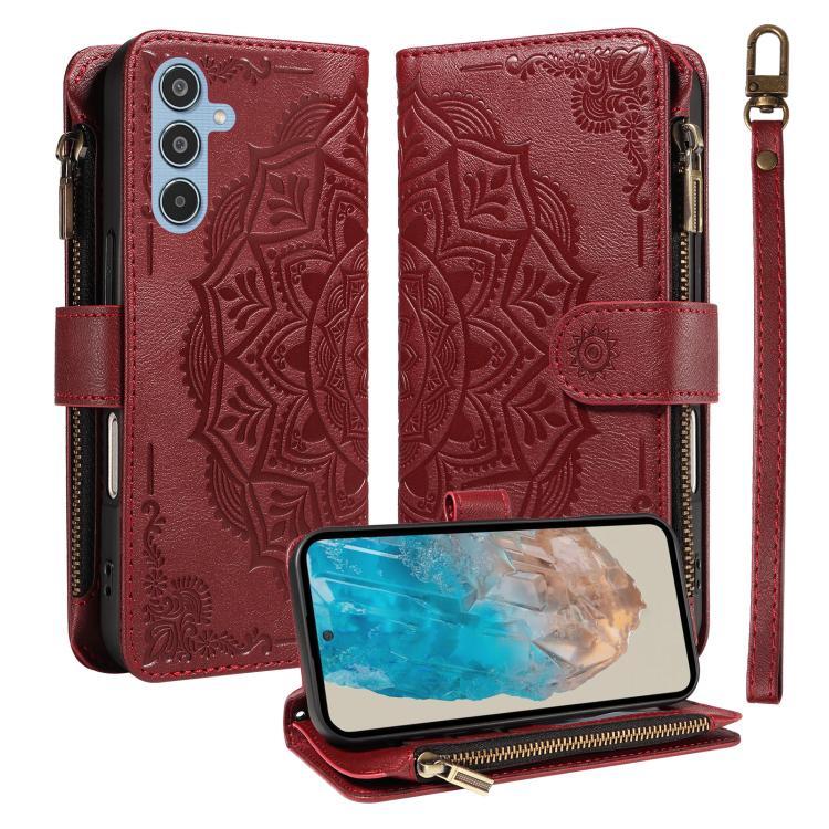 Custodia per telefono in ecopelle vegana con cerniera, protezione RFID e cordino corto, con motivo mandala in rilievo, 9 scomparti per carte e scomparto RFID., For Samsung Galaxy M56 5G / A56 5G, For Samsung Galaxy M35 5G, For Samsung Galaxy M55 5G    ...