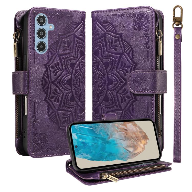 Custodia per telefono in ecopelle vegana con cerniera, protezione RFID e cordino corto, con motivo mandala in rilievo, 9 scomparti per carte e scomparto RFID., For Samsung Galaxy M56 5G / A56 5G, For Samsung Galaxy M35 5G, For Samsung Galaxy M55 5G    ...