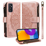 Custodia per telefono in ecopelle vegana con cerniera, protezione RFID e cordino corto, con motivo mandala in rilievo, 9 scomparti per carte e scomparto RFID., For Samsung Galaxy M53 5G, For Samsung Galaxy M33 5G Global, For Samsung Galaxy M52 5G