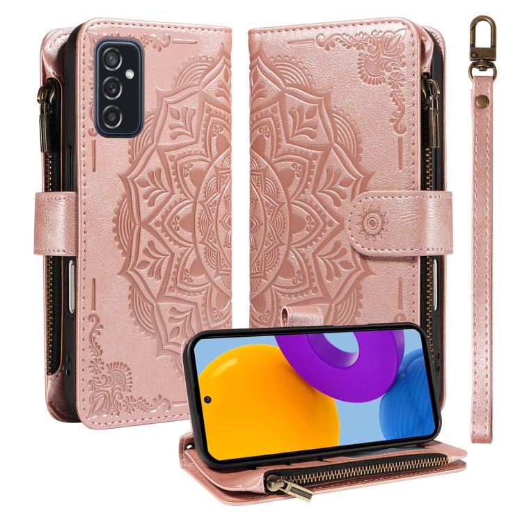 Custodia per telefono in ecopelle vegana con cerniera, protezione RFID e cordino corto, con motivo mandala in rilievo, 9 scomparti per carte e scomparto RFID., For Samsung Galaxy M53 5G, For Samsung Galaxy M33 5G Global, For Samsung Galaxy M52 5G