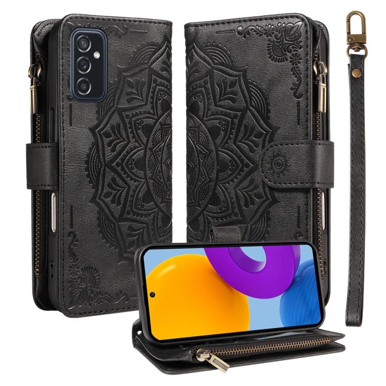 Custodia per telefono in ecopelle vegana con cerniera, protezione RFID e cordino corto, con motivo mandala in rilievo, 9 scomparti per carte e scomparto RFID., For Samsung Galaxy M53 5G, For Samsung Galaxy M33 5G Global, For Samsung Galaxy M52 5G