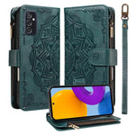 Custodia per telefono in ecopelle vegana con cerniera, protezione RFID e cordino corto, con motivo mandala in rilievo, 9 scomparti per carte e scomparto RFID., For Samsung Galaxy M53 5G, For Samsung Galaxy M33 5G Global, For Samsung Galaxy M52 5G