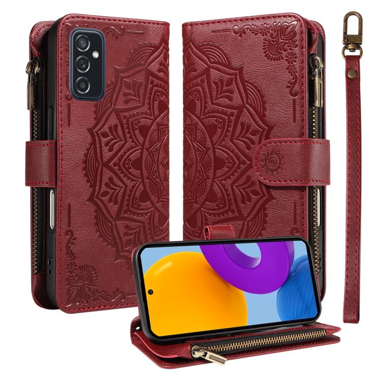 Custodia per telefono in ecopelle vegana con cerniera, protezione RFID e cordino corto, con motivo mandala in rilievo, 9 scomparti per carte e scomparto RFID., For Samsung Galaxy M53 5G, For Samsung Galaxy M33 5G Global, For Samsung Galaxy M52 5G