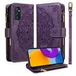 Custodia per telefono in ecopelle vegana con cerniera, protezione RFID e cordino corto, con motivo mandala in rilievo, 9 scomparti per carte e scomparto RFID., For Samsung Galaxy M53 5G, For Samsung Galaxy M33 5G Global, For Samsung Galaxy M52 5G