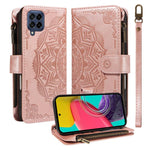 Custodia per telefono in ecopelle vegana con cerniera, protezione RFID e cordino corto, con motivo mandala in rilievo, 9 scomparti per carte e scomparto RFID., For Samsung Galaxy M53 5G, For Samsung Galaxy M33 5G Global, For Samsung Galaxy M52 5G