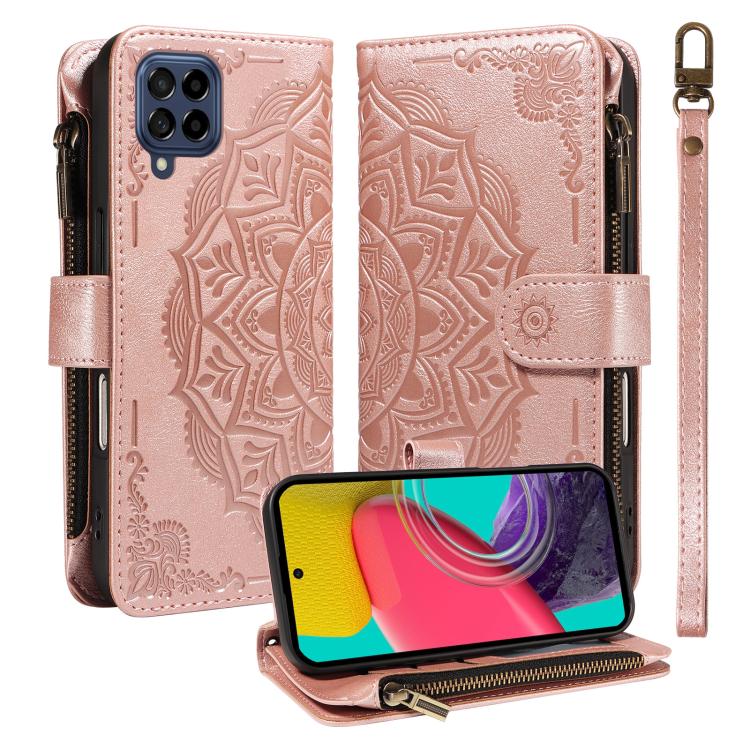 Custodia per telefono in ecopelle vegana con cerniera, protezione RFID e cordino corto, con motivo mandala in rilievo, 9 scomparti per carte e scomparto RFID., For Samsung Galaxy M53 5G, For Samsung Galaxy M33 5G Global, For Samsung Galaxy M52 5G