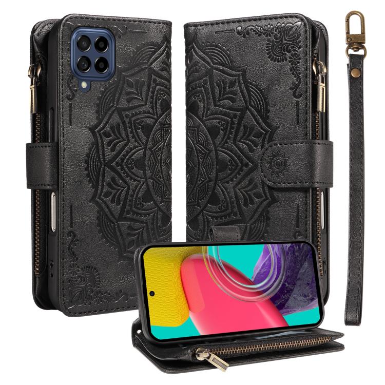 Custodia per telefono in ecopelle vegana con cerniera, protezione RFID e cordino corto, con motivo mandala in rilievo, 9 scomparti per carte e scomparto RFID., For Samsung Galaxy M53 5G, For Samsung Galaxy M33 5G Global, For Samsung Galaxy M52 5G