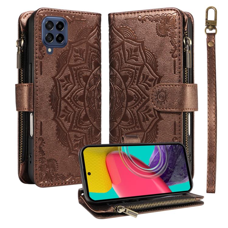 Custodia per telefono in ecopelle vegana con cerniera, protezione RFID e cordino corto, con motivo mandala in rilievo, 9 scomparti per carte e scomparto RFID., For Samsung Galaxy M53 5G, For Samsung Galaxy M33 5G Global, For Samsung Galaxy M52 5G
