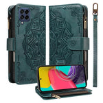 Custodia per telefono in ecopelle vegana con cerniera, protezione RFID e cordino corto, con motivo mandala in rilievo, 9 scomparti per carte e scomparto RFID., For Samsung Galaxy M53 5G, For Samsung Galaxy M33 5G Global, For Samsung Galaxy M52 5G