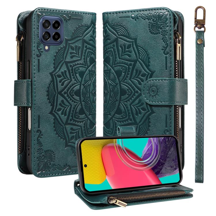 Custodia per telefono in ecopelle vegana con cerniera, protezione RFID e cordino corto, con motivo mandala in rilievo, 9 scomparti per carte e scomparto RFID., For Samsung Galaxy M53 5G, For Samsung Galaxy M33 5G Global, For Samsung Galaxy M52 5G