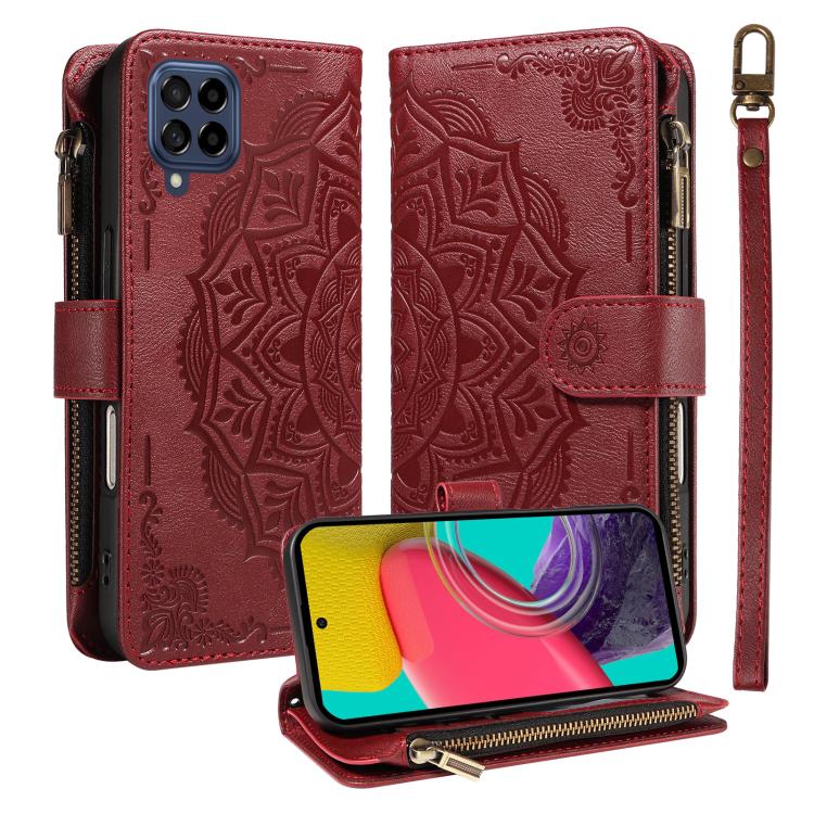 Custodia per telefono in ecopelle vegana con cerniera, protezione RFID e cordino corto, con motivo mandala in rilievo, 9 scomparti per carte e scomparto RFID., For Samsung Galaxy M53 5G, For Samsung Galaxy M33 5G Global, For Samsung Galaxy M52 5G