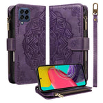 Custodia per telefono in ecopelle vegana con cerniera, protezione RFID e cordino corto, con motivo mandala in rilievo, 9 scomparti per carte e scomparto RFID., For Samsung Galaxy M53 5G, For Samsung Galaxy M33 5G Global, For Samsung Galaxy M52 5G