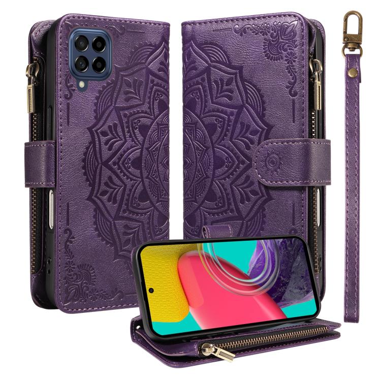 Custodia per telefono in ecopelle vegana con cerniera, protezione RFID e cordino corto, con motivo mandala in rilievo, 9 scomparti per carte e scomparto RFID., For Samsung Galaxy M53 5G, For Samsung Galaxy M33 5G Global, For Samsung Galaxy M52 5G