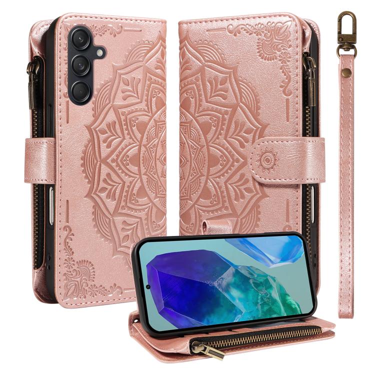 Custodia per telefono in ecopelle vegana con cerniera, protezione RFID e cordino corto, con motivo mandala in rilievo, 9 scomparti per carte e scomparto RFID., For Samsung Galaxy M56 5G / A56 5G, For Samsung Galaxy M35 5G, For Samsung Galaxy M55 5G    ...