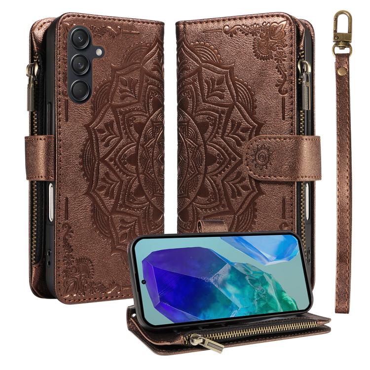 Custodia per telefono in ecopelle vegana con cerniera, protezione RFID e cordino corto, con motivo mandala in rilievo, 9 scomparti per carte e scomparto RFID., For Samsung Galaxy M56 5G / A56 5G, For Samsung Galaxy M35 5G, For Samsung Galaxy M55 5G    ...