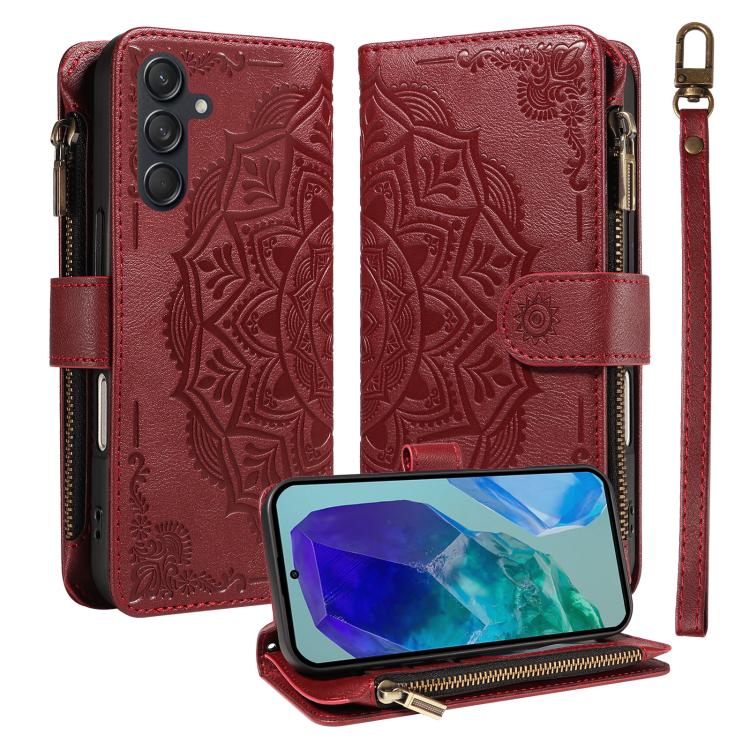 Custodia per telefono in ecopelle vegana con cerniera, protezione RFID e cordino corto, con motivo mandala in rilievo, 9 scomparti per carte e scomparto RFID., For Samsung Galaxy M56 5G / A56 5G, For Samsung Galaxy M35 5G, For Samsung Galaxy M55 5G    ...